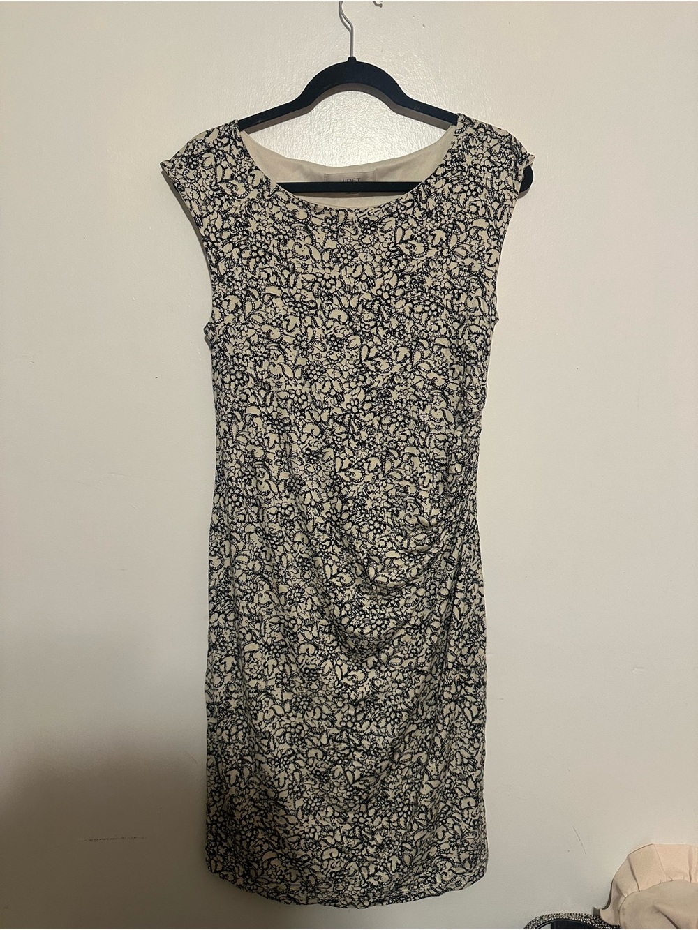 LOFT Black and Cream Floral Cap-Sleeve Sheath Dress